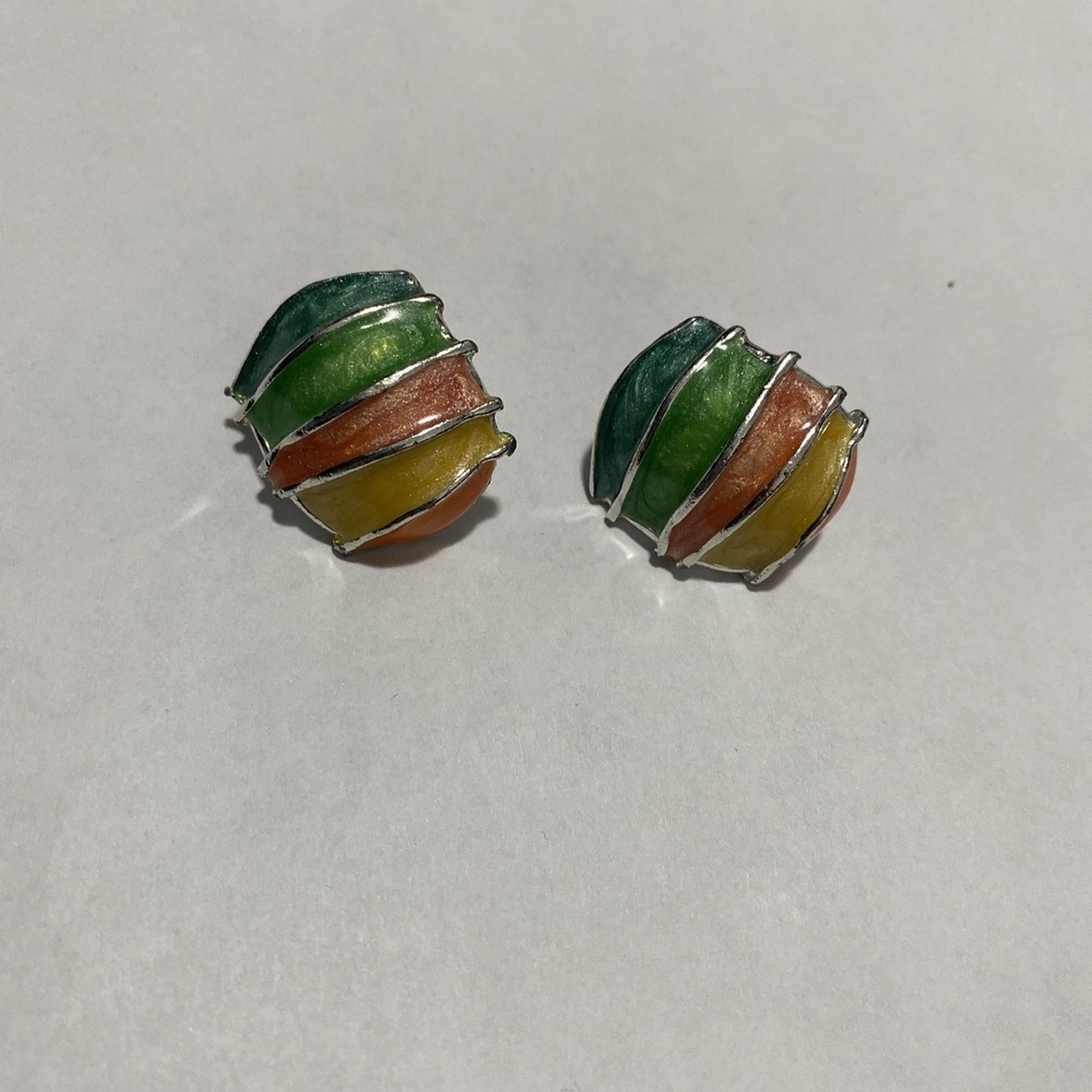 Vintage Pastel Enamel Multicolor Pierced Ears Earrings Orange Yellow Green